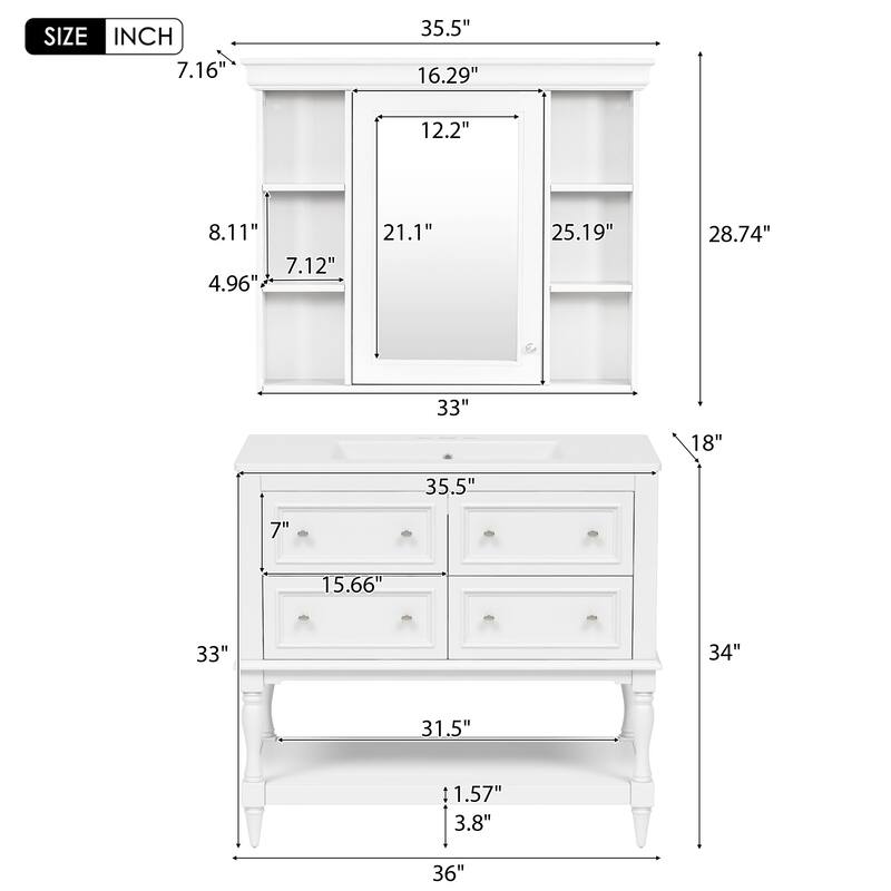 36"" Bathroom Vanity with Ceramic Sink and Medicine Cabinet, 4 Drawers, Storage Shelf, Solid Wood Frame,Bathroom Cabinet Set