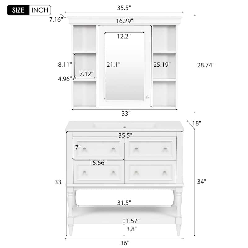 36 Inch Bathroom Vanity Combo with Ceramic Sink and Mirror Cabinet, Modern Storage Cabinet with 4 Drawers