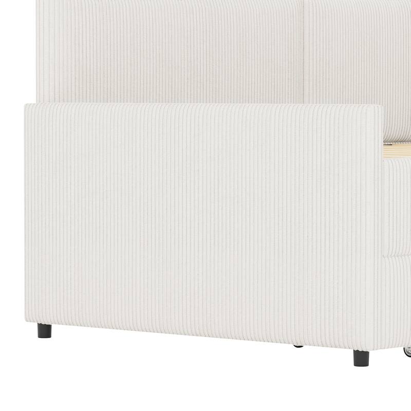 Vertical Lines Upholstered Platform Bed Frame with 2 Storage Drawers, L-Shaped Corduroy Daybed Sofabed