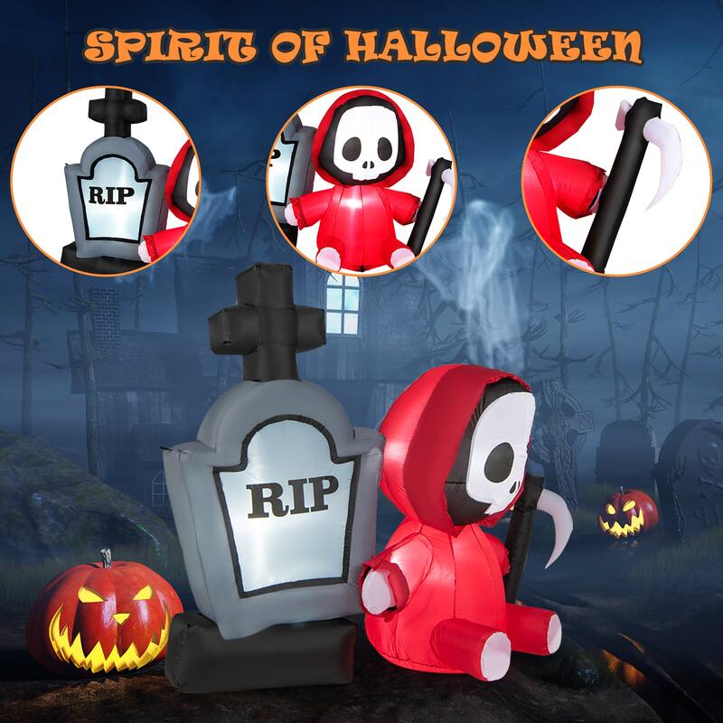 Gymax 5FT Halloween Inflatable Tombstone & Reaper Combo w/ LED &