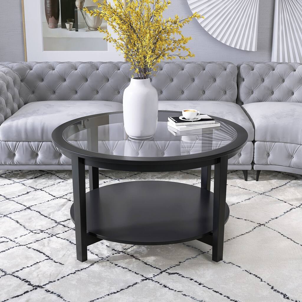 36-in Modern Black Glass Top Round Coffee Table with Shelf