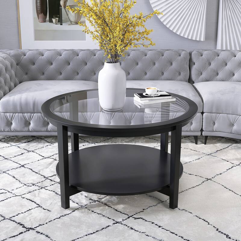 Round Coffee Table With Glass Top and Storage