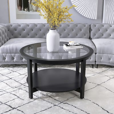 Round Glass Top Solid Wood Storage Coffee Table