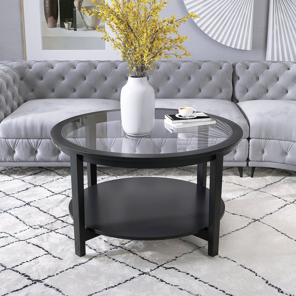 Round glass top solid wood storage coffee table