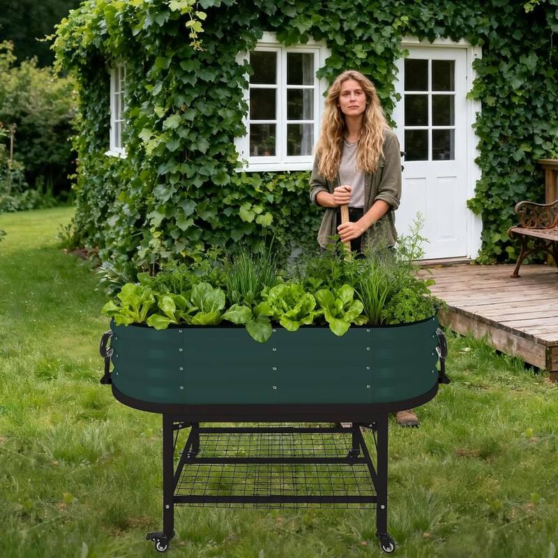 Galvanized Raised Garden Bed, Steel Planter Boxes with Wheels and Rack