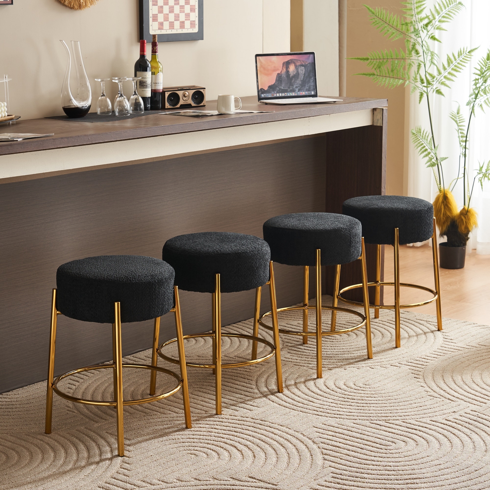 Round Armless Bar Stools Black Modern Upholstered Dining Stools Practical Bar Chair Set of 2 for Kitchens