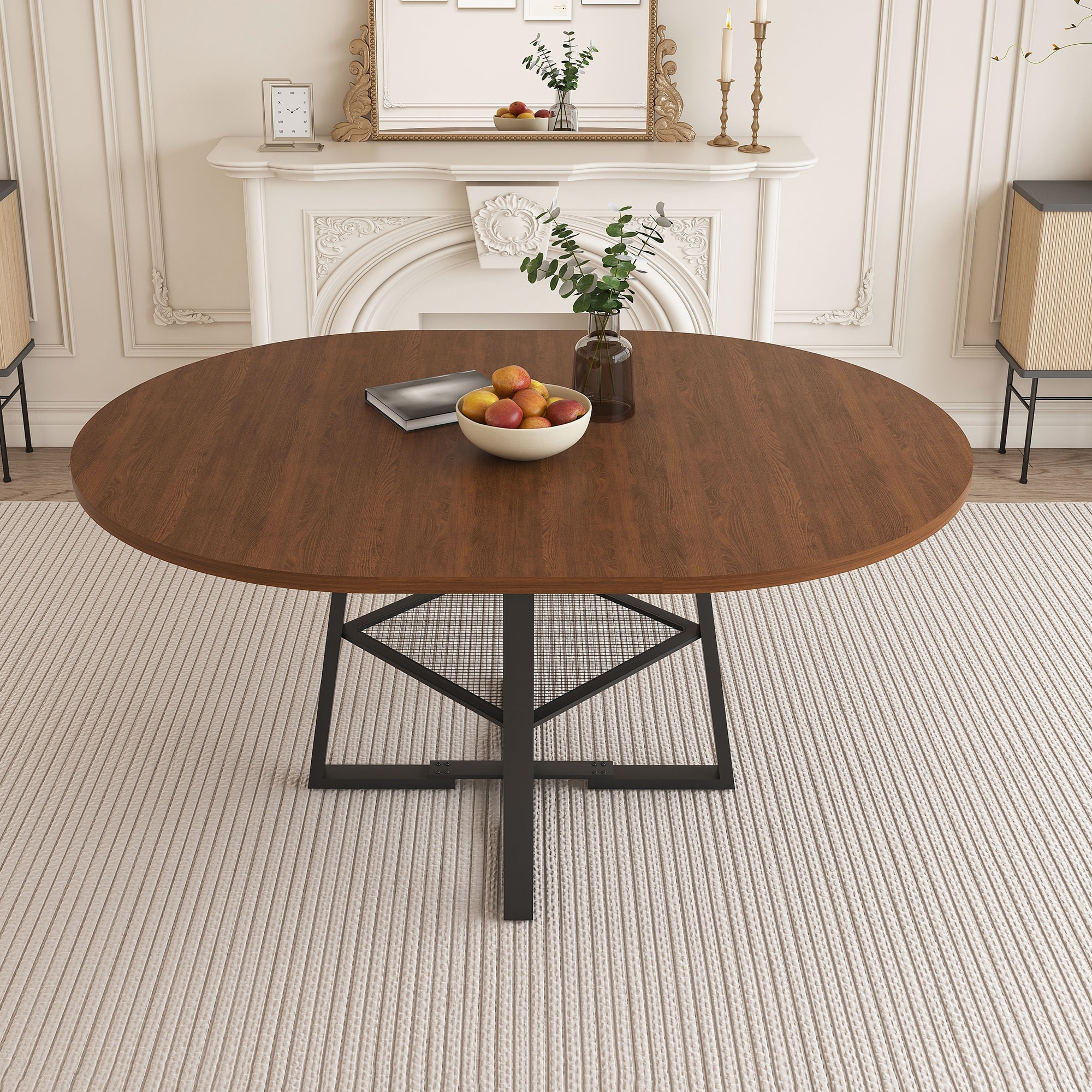 Roomfitters 47 Inch Extendable Round Dining Table for 4-8 with Storage Shelf, Circle to Oval Kitchen Table, Walnut Finish