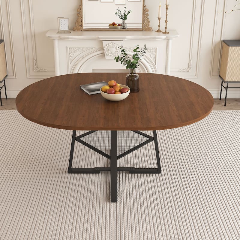 Roomfitters 47 Inch Extendable Round Dining Table for 4-8 with Storage Shelf, Circle to Oval Kitchen Table, Walnut Finish - Walnut