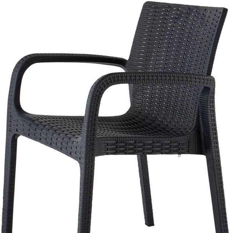 HomeRoots Set of Two Black Faux Rattan Heavy Duty Plastic Outdoor Stacking Arm Chairs