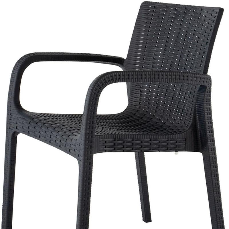 HomeRoots Set of Two Black Faux Rattan Heavy Duty Plastic Outdoor Stacking Arm Chairs