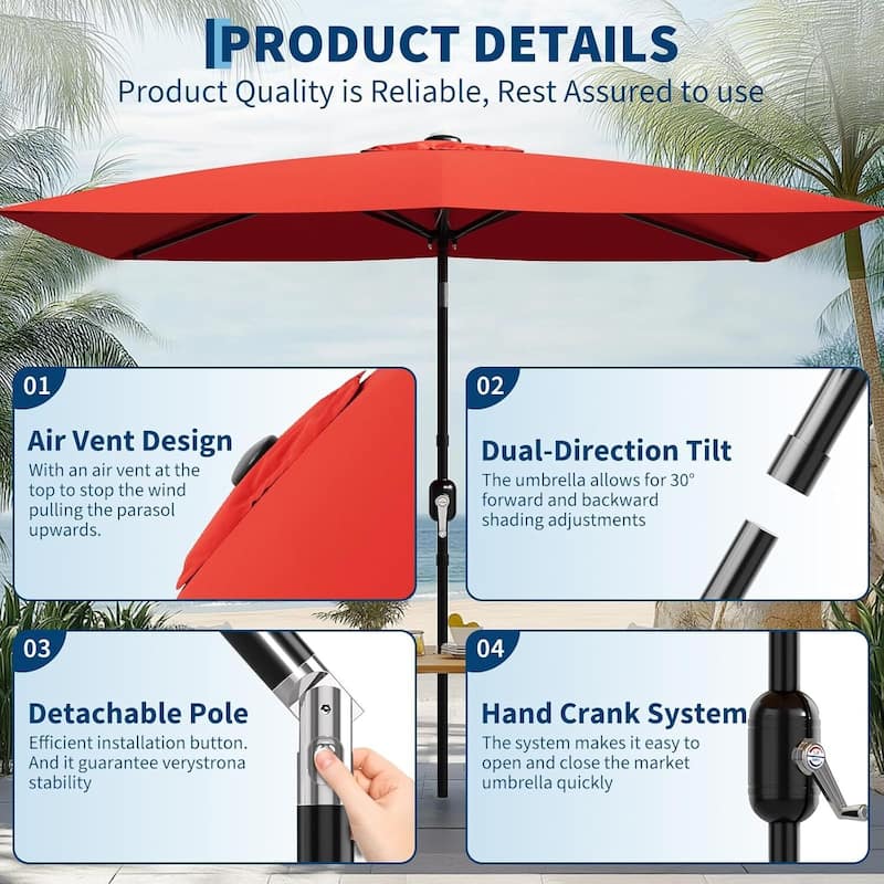 10' x 6.5' Solar Patio Umbrella with Crank and Push Button Tilt for Garden, Deck, Lawn, Pool (No Base)