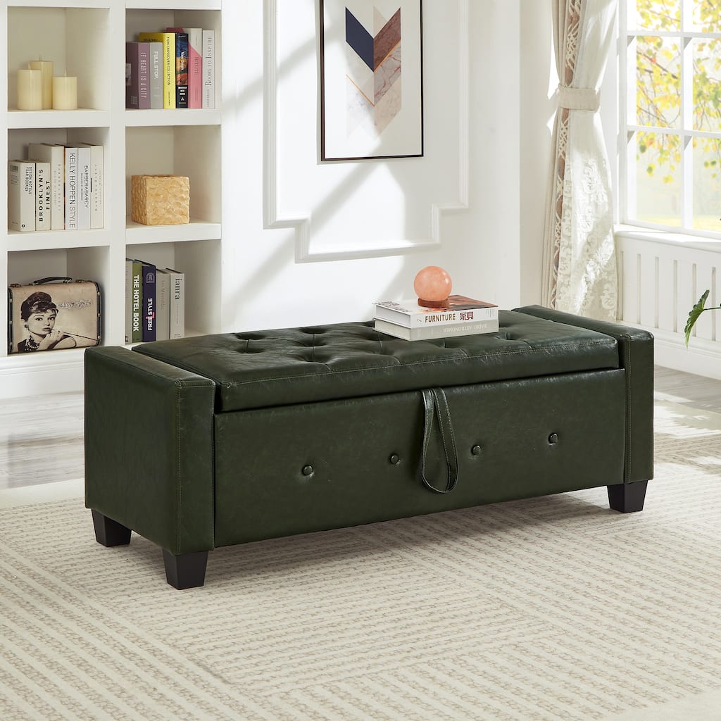 Bedroom End of Bed Bench Storage Bench with Wood Legs, Dark Green Leather Bench Upholstered Bench Dining Bench