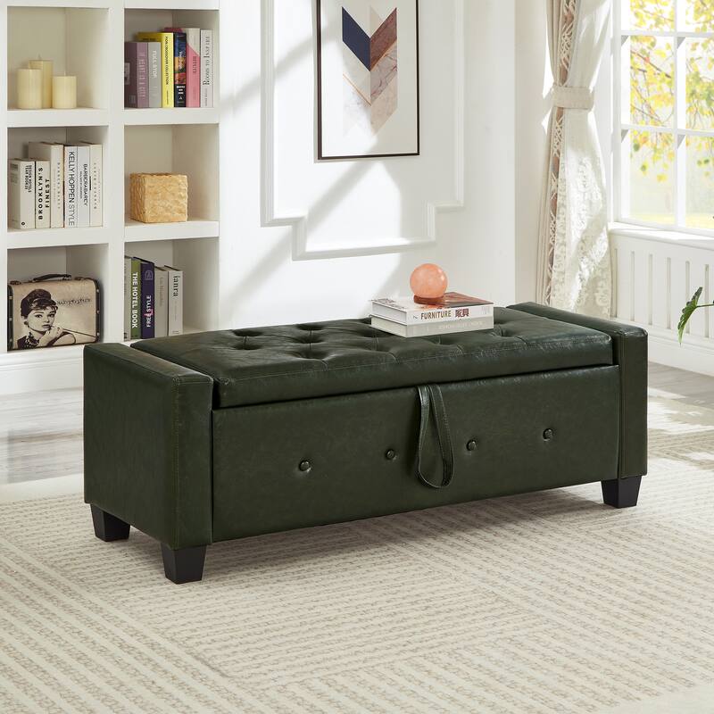 Tufted Faux Leather Storage Ottoman Bench for Bedroom, Living Room & Hallway, 48" Multifunctional Upholstered End of Bed Bench