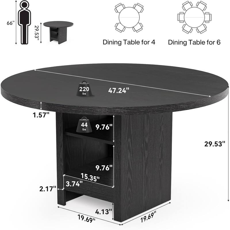 Black MDF Round Dining Table with Double Layer Storage for 4 to 6 People - 47.24'' x 47.24” x 29.53''