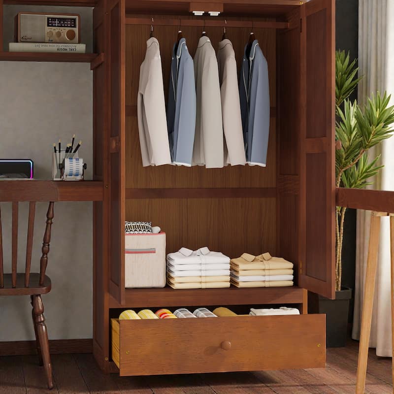 Full Size Wood Loft Bed with Desk, Wardrobe and Storage Staircase, USB Charging Station, Safety Guardrails