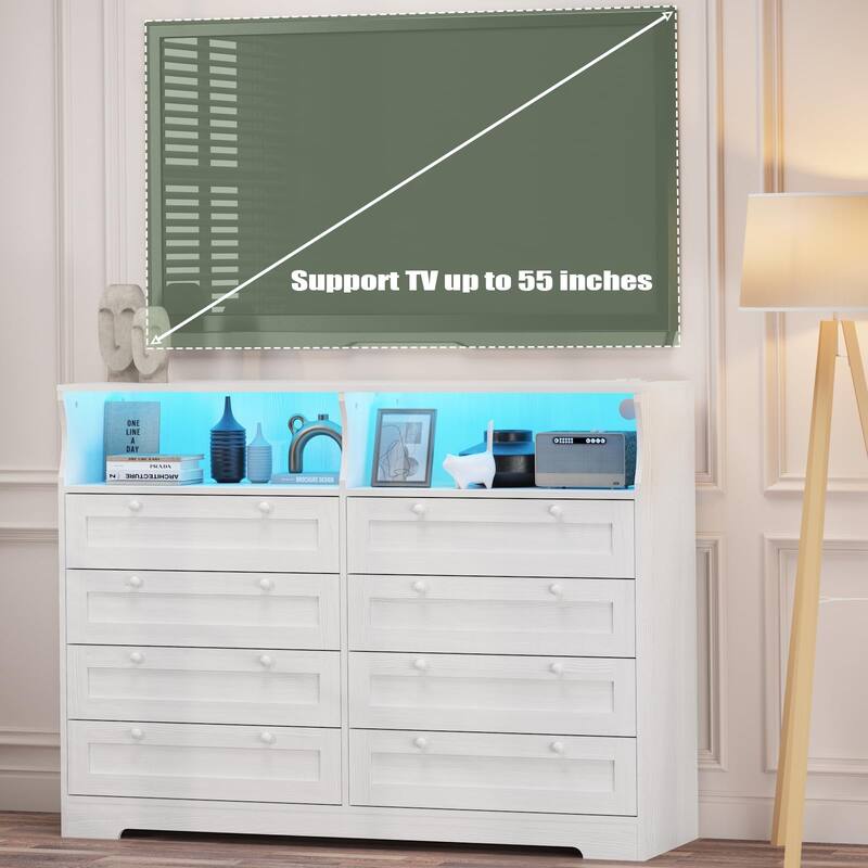 8 Drawer Dresser with RGB LED Lights, Power Outlet & 2 Open Shelves