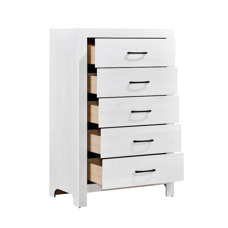 White Bedroom Storage Chest with Black Hardware, 5 Spacious Drawers