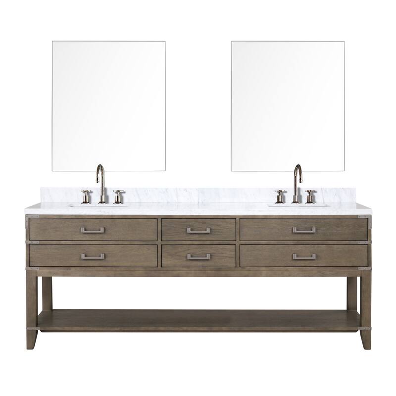 Lexora Norwalk Bath Vanity, Carrara Marble Top, Faucet Set, and Mirror