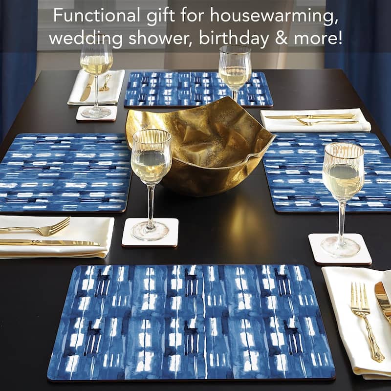 Indigo Block Lines Decorative Hardboard Placemats with Protective Cork Backing 4 Pack Heat Tolerant and Easily Wipes Clean