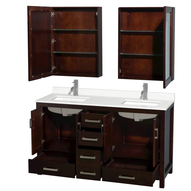 Sheffield 60-inch Double Vanity, Single Hole Quartz Top, Med Cabinets