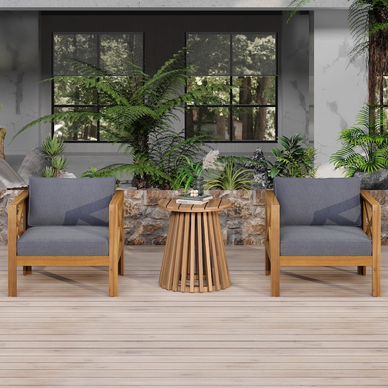 Christopher Knight Home - Alexander Acacia Wood Patio 3 Piece Chat Set - Teak Finish+Dark Grey Cushion