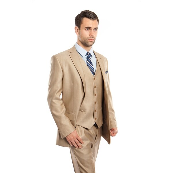 Men Suit Stone Color Solid Texture 3 Pieces Classic Fit Mens Suits