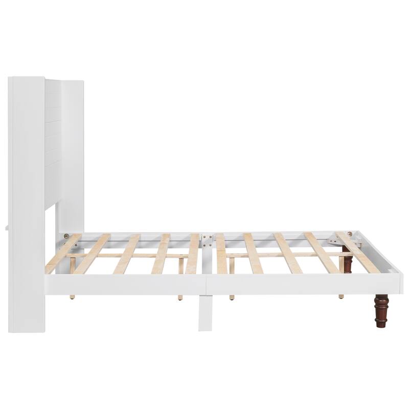 Low Profile Platform Bed High Headboard Wingback Bed with Wood Support