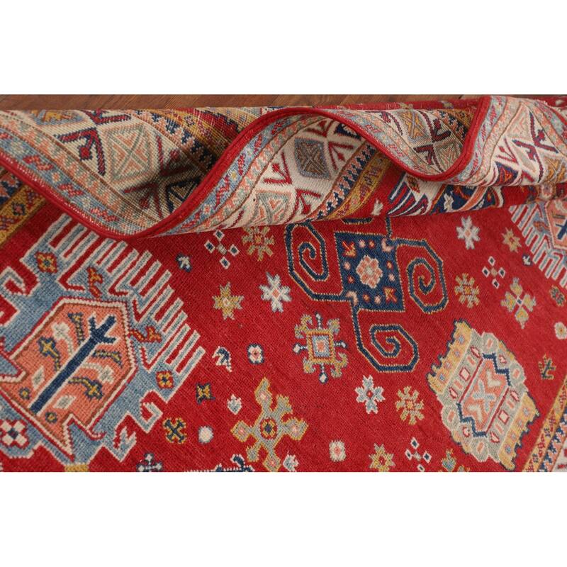 Red Geometric Kazak Oriental Accent Rug Hand-Knotted Wool Carpet - 4'3" x 6'0"