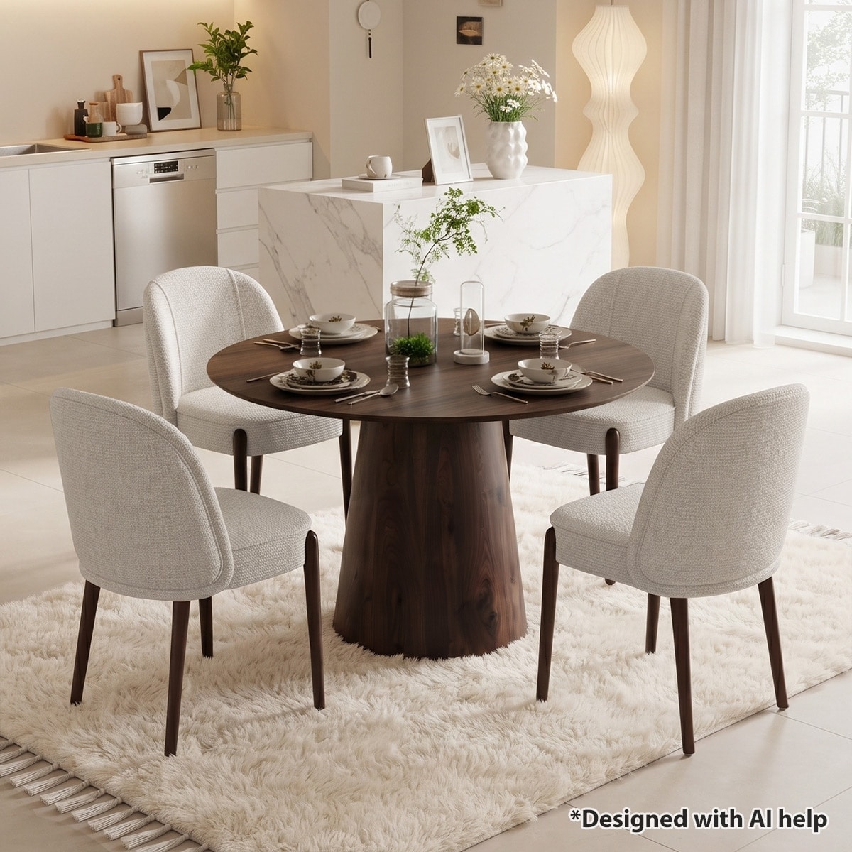 Modern 5-Piece Dining Set,Round Pedestal Table with Textured Upholstered Dining Chairs