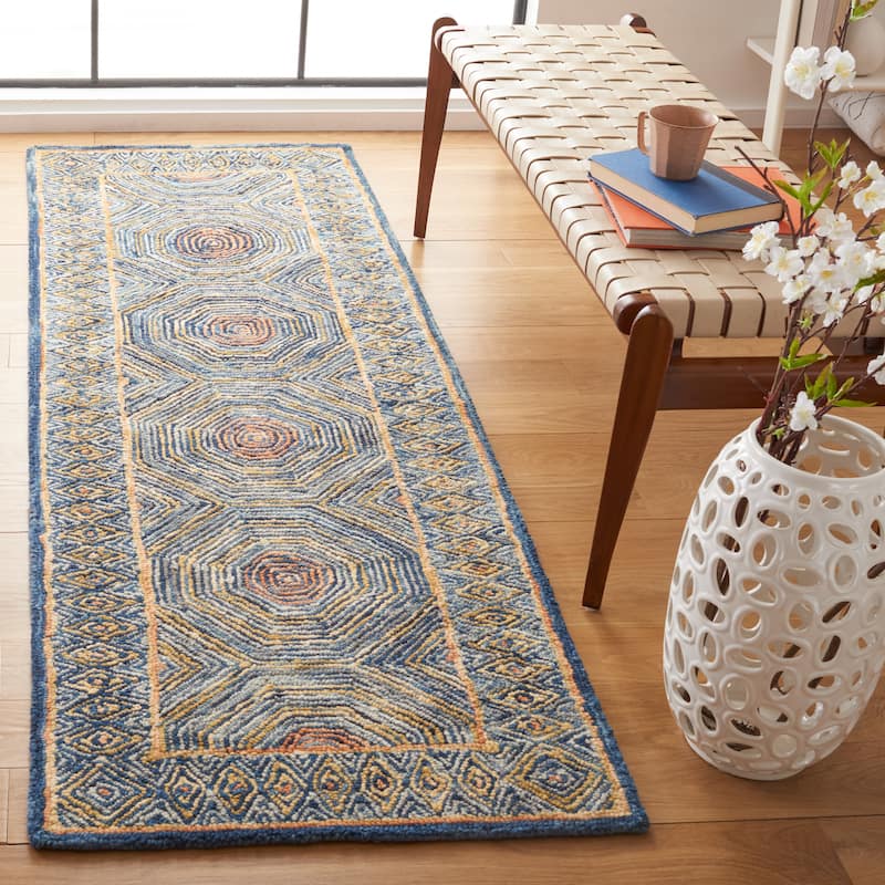 SAFAVIEH Handmade Micro-Loop Hiltrud Modern Wool Rug - 2'3" x 7' Runner - Green/Blue