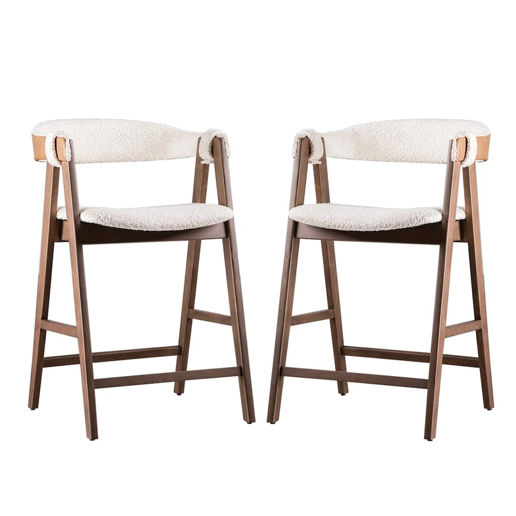 Ebik Counter Stool Chair Set of 2, Walnut Brown Wood, Beige Boucle