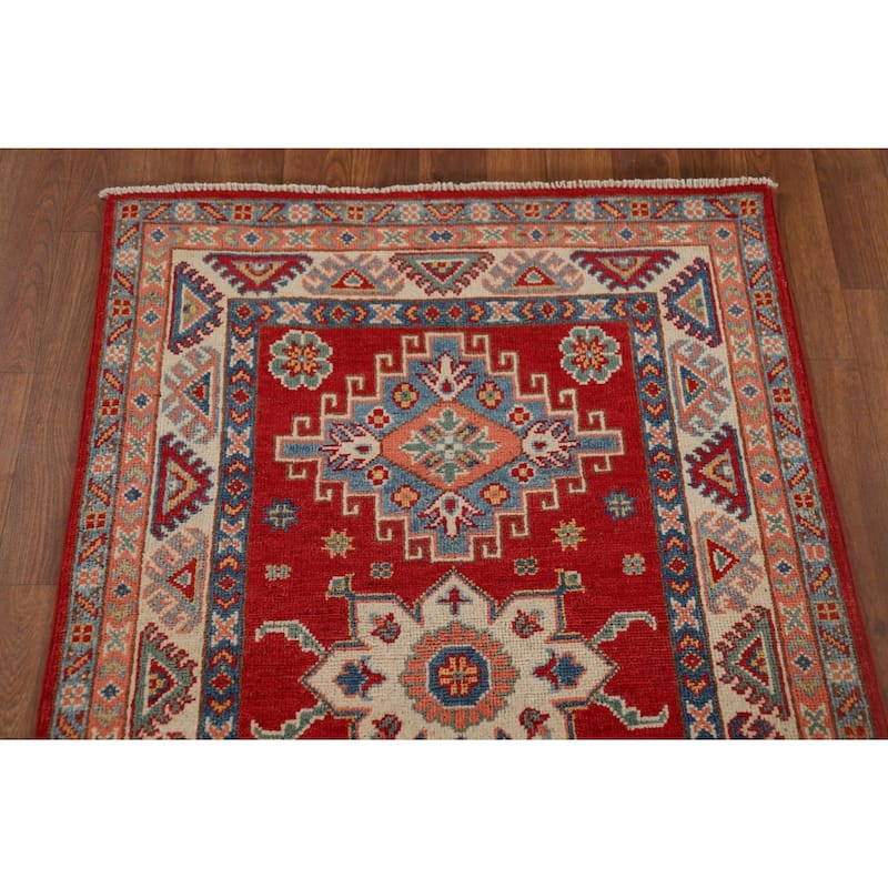 Geometric Red Kazak Oriental Runner Rug Hand-Knotted Wool Carpet - 2'7" x 9'4"