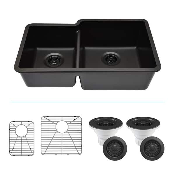 slide 2 of 14, Lexicon Platinum Quartz 40/60 Double Bowl Kitchen Sink Galaxy Black