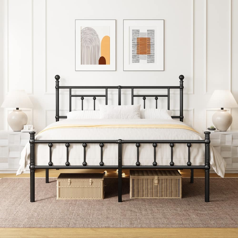 Black Metal Bed Frame with Headboard and Underbed Storage, Easy Assembly