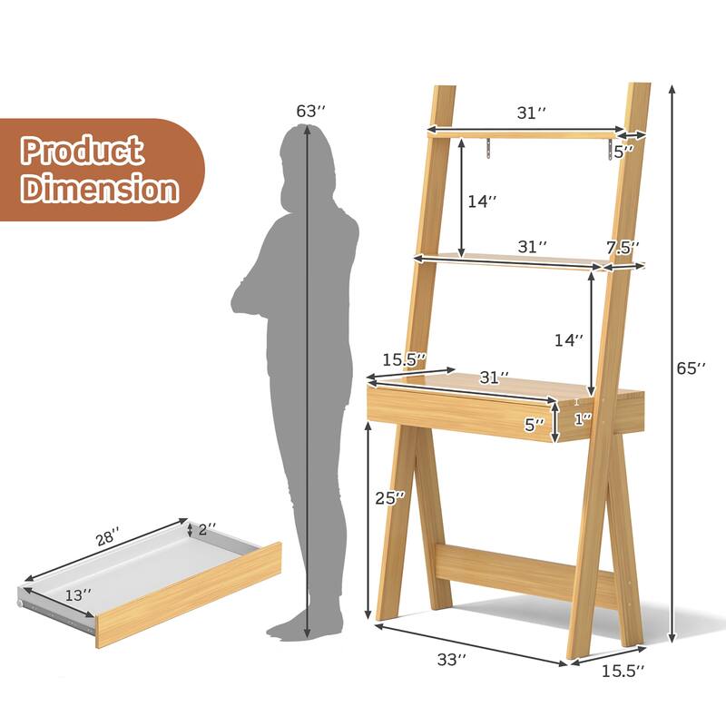 2-Tier Ladder Shelf Desk Freestanding Computer Desk with Storage Shelf