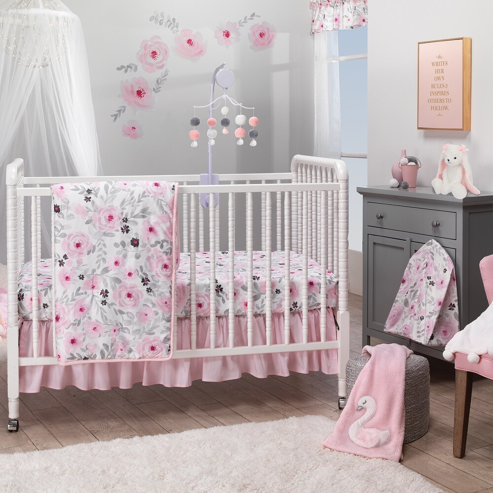 Pink Nursery Crib Bedding Set GiraffeBlush Pink Flower Crib Quilt Crib Sheet and Diaper Stacker Deer-pink HUPO 4 PC Crib Bedding Set for Girls Crib Sets Including Crib Skirt 