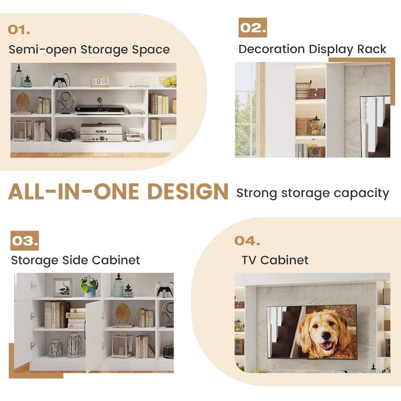 EROMMY 112" Wall Unit TV Stand with LED Lights, Bookshelves and Storage Cabinets for Living Room