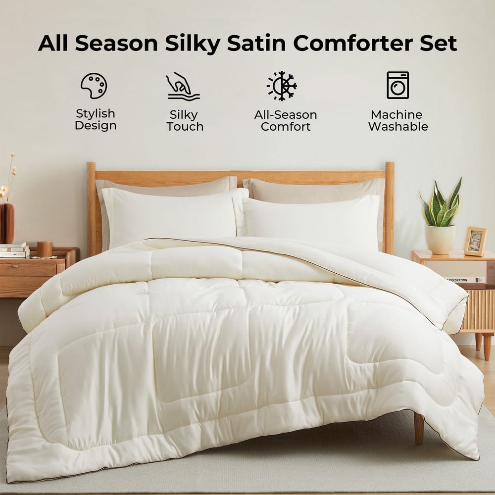 3 Piece All Season Silky Soft Satin Reversible Comforter Set