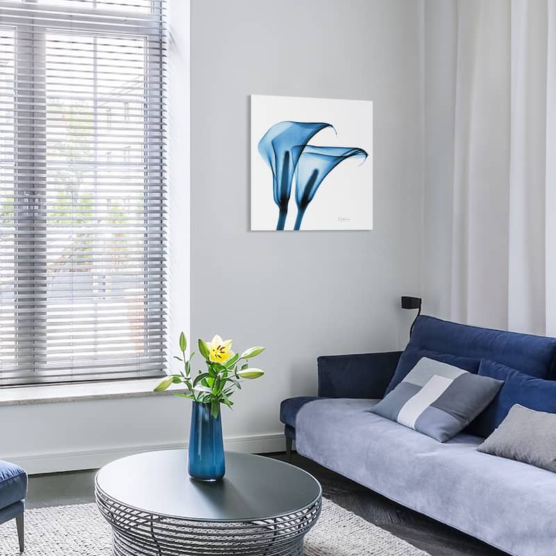 "Indigo Calla Lililes " Frameless Free Floating Tempered Glass Panel Graphic Wall Art