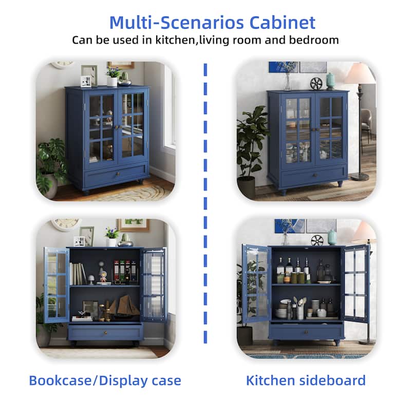 A Minimalist Buffet Cabinet with Double Glass Doors and a Drawer, Offering Modern Wooden Storage Solutions .