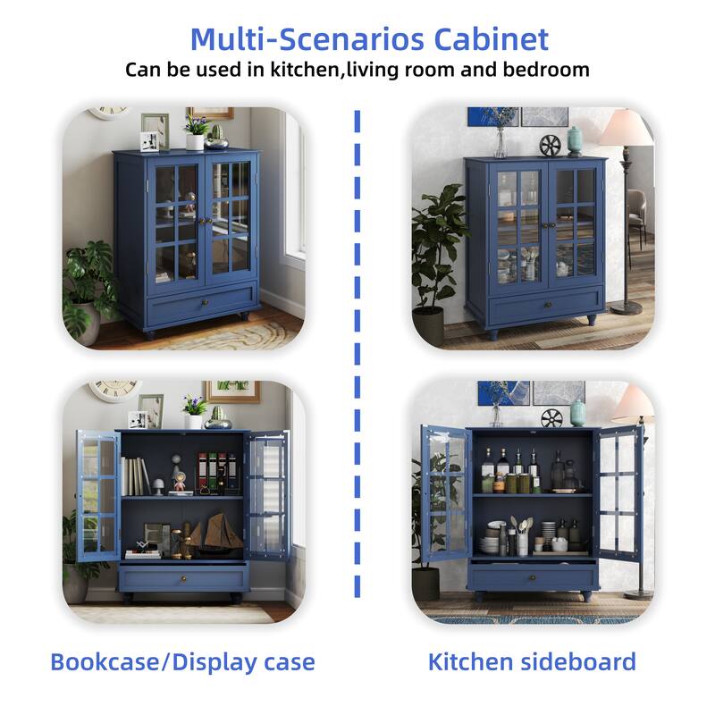 Accent Cabinet with Glass Doors and Drawers, Wooden Buffet and Sideboard Cupboard with Storage