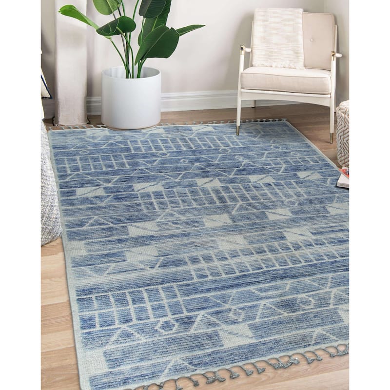 Home Decor Blue Hand-Knotted Wool Contemporary Marrakech Handspun Area Rug Stylish and Elegant Rug for Living Room, Bedroom