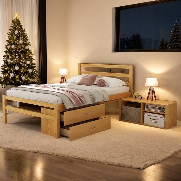 slide 2 of 15, Full Size Wood Platform Bed with Removable Storage Shelves, Built-in 2 Storage Drawers,Natural Natural
