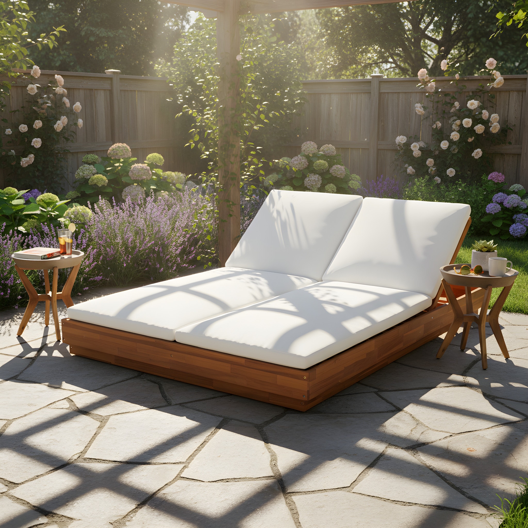 Christopher Knight Home - Outdoor Acacia Wood Double Chaise Lounge with Adjustable Backrest and Concrete Side Table