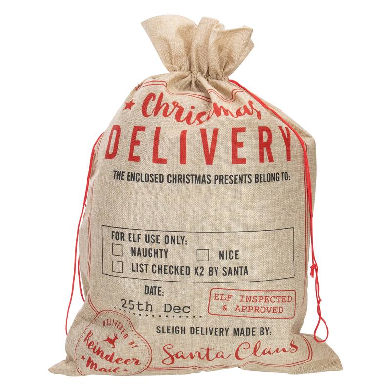 27" Beige and Red "Christmas Delivery" Tie Gift Bag