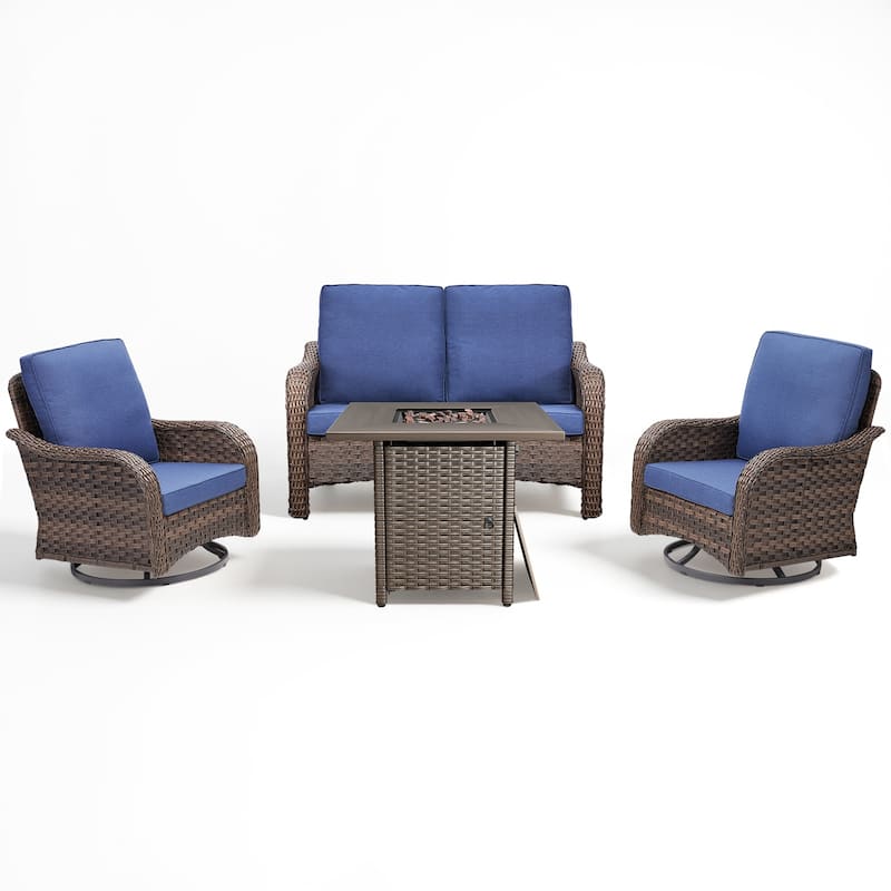 Pocassy Patio Loveseat Swivel Chair with Fire Table Set