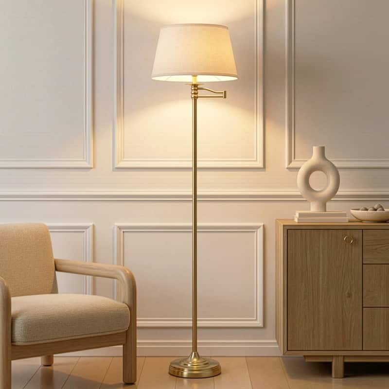 Brightech Caden 60 in. Antiqued Brass Mid-Century Modern 1-Light Extendable Swing Arm LED Floor Lamp with Beige Linen Drum Shade