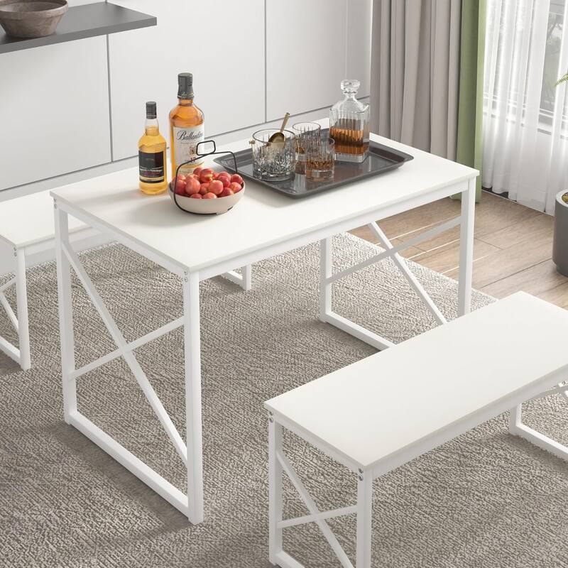 44.3" Dining Table with Benches Kitchen Table set for 4 Rectangular Dining Room Table Set with 2 Metal Wood Benches
