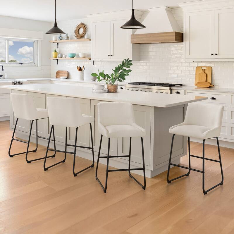 Counter Height Bar Stools with Metal Frame Upholstered Kitchen Island Stool in Faux Leather or Fabric - Linen/Fabric - Set of 4