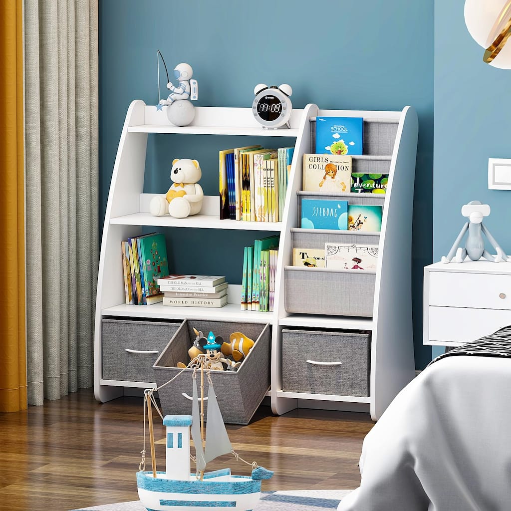 Kids Book Sling Bookcase With Storage Bins Delta Children Sling Book Rack  Bookshelf For Kids' White/